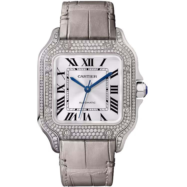 Cartier, Santos, WJSA0014, Silver Dial, Medium Model, White Gold, Diamond Bezel, Leather Bracelet, 35mm