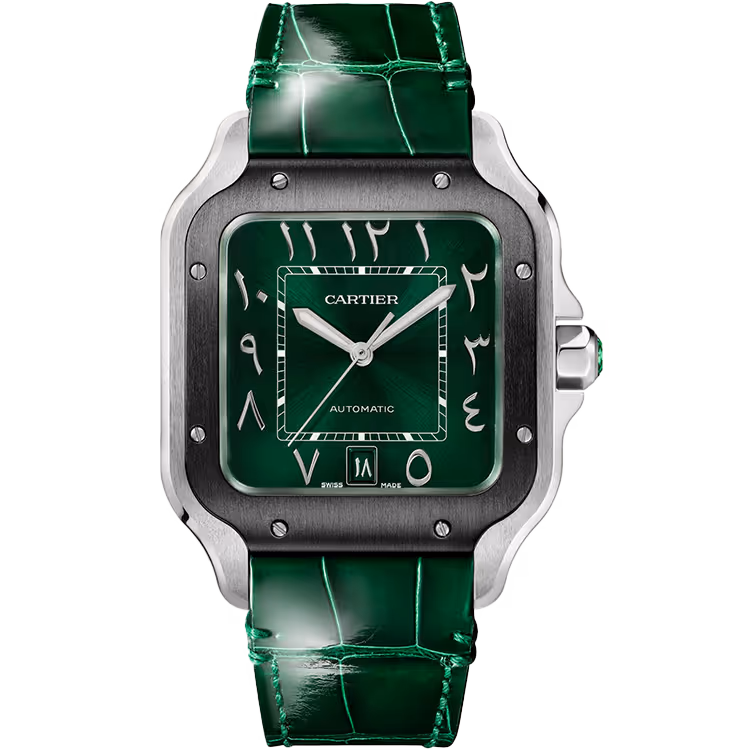 Cartier, Santos, WSSA0055, Green Arabic Dial, Large Model, Stainless Steel, Leather Bracelet, 40mm