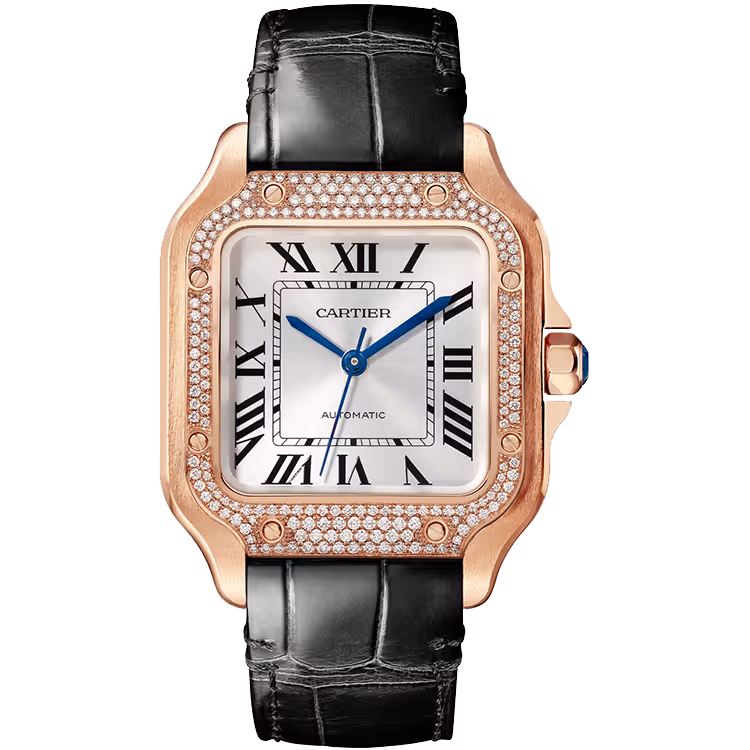 Cartier, Santos, WJSA0012, Silver Dial, Medium Model, Rose Gold, Diamond Bezel, Leather Bracelet, 35mm