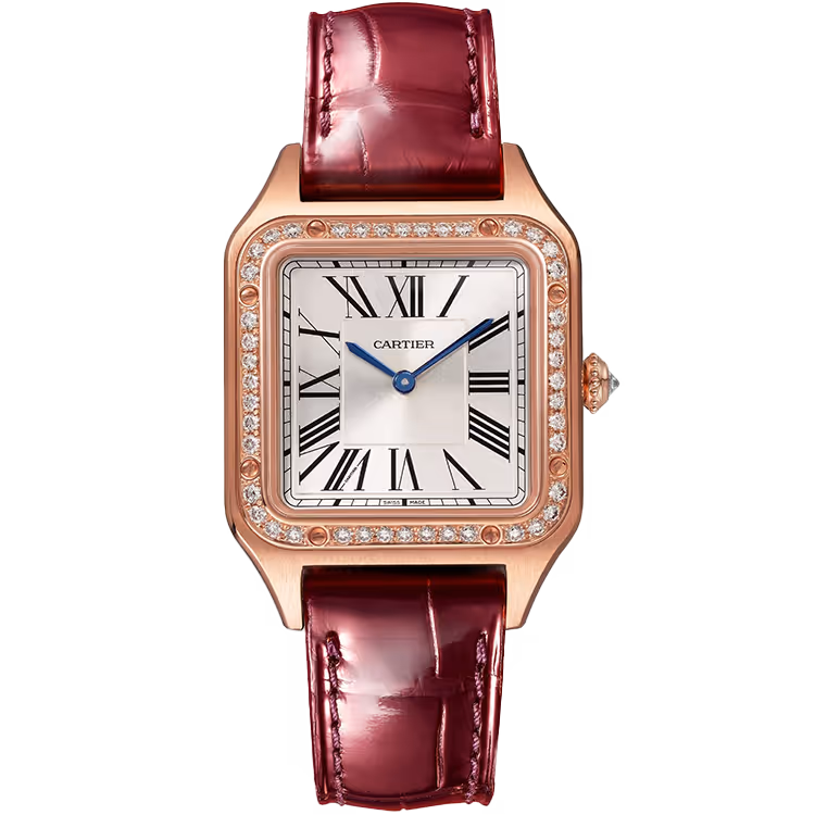 Cartier, Santos, WJSA0017, Silver Dial, Small Model, Rose Gold, Diamond Bezel, Leather Bracelet, 38mm