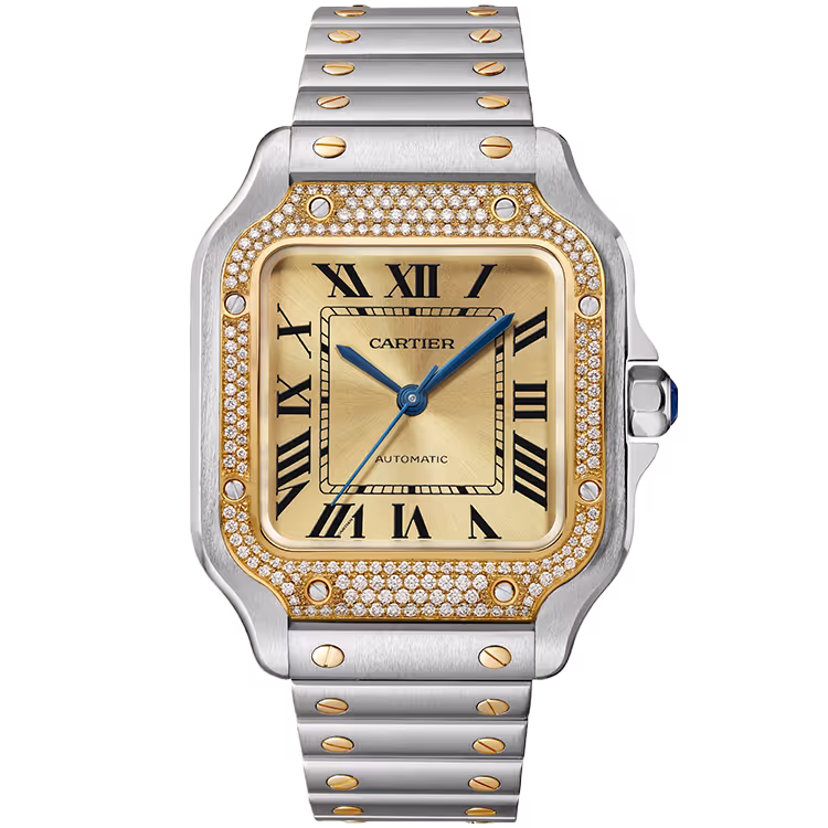 Cartier, Santos, W3SA0007, Champagne Dial, Medium Model, Steel & Yellow Gold, Diamond Bezel, 35mm