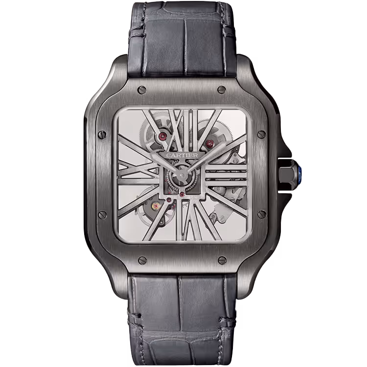 Cartier, Santos, WHSA0009, Skeleton Dial, Large Model, Stainless Steel, Leather Bracelet, 40mm