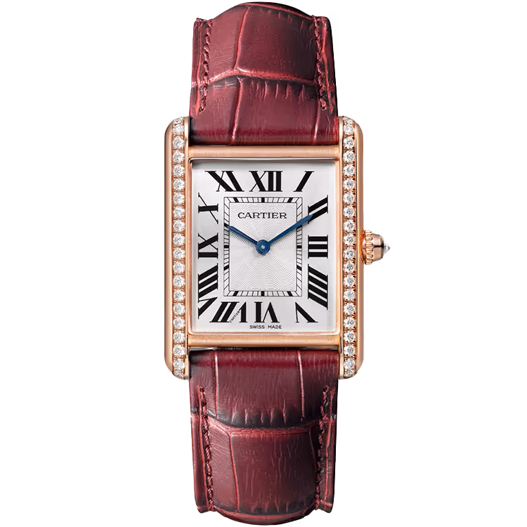 Cartier, Tank, WJTA0014, Silver Dial, Louis, Large Model, Rose Gold, Diamond Bezel, Leather Bracelet, 34mm