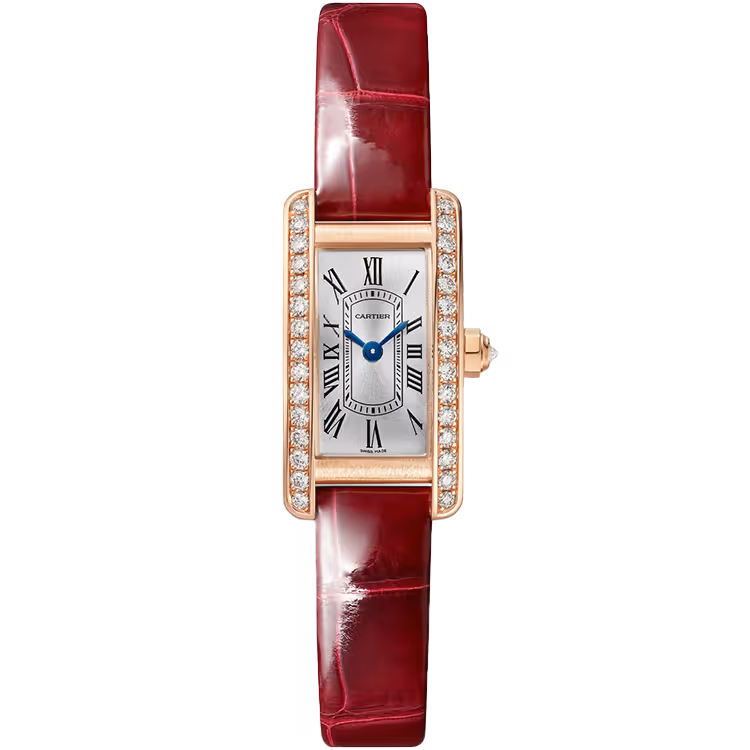 Cartier, Tank, WJTA0058, Silver Dial, Americaine, Mini Model, Rose Gold, Diamond Bezel,Leather Bracelet, 34mm