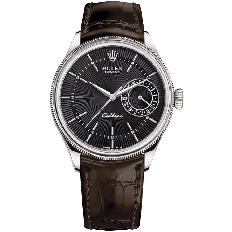 Rolex, Cellini, 50519, Black Dial, White Gold, Chocolate Leather Strap, 39mm