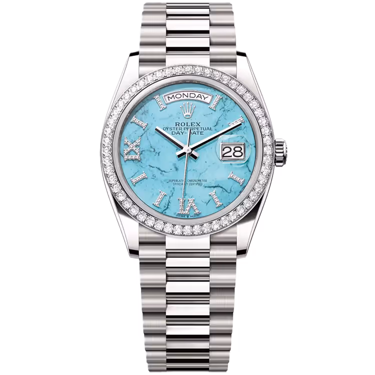 Rolex, Day-Date 36, 128349RBR, Turquoise Roman Diamond Dial, White Gold, Diamond Bezel, Presidential Bracelet, 36mm