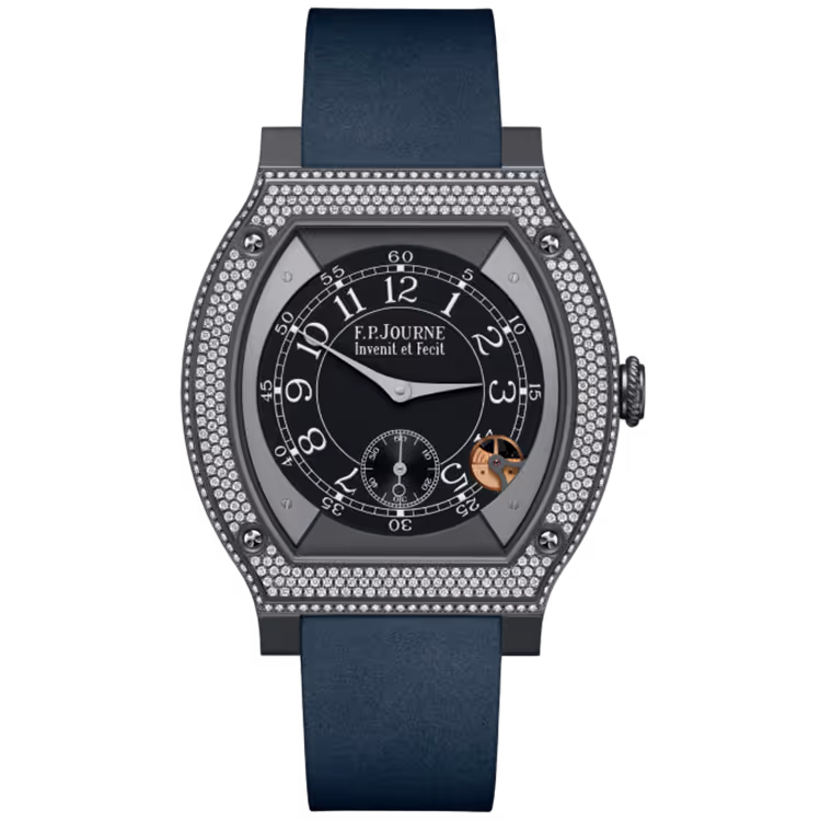 F.P. Journe, Elegante, Black Dial, Titanium Titalyt, Diamond Bezel, Dark Blue Rubber Strap, 48mm
