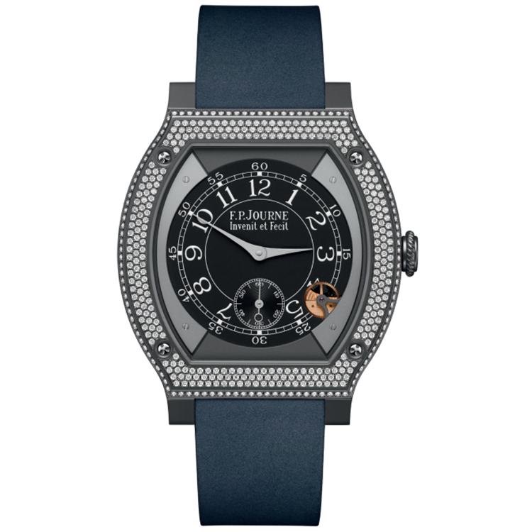 F.P. Journe, Elegante, Black Dial, Titanium Titalyt, Diamond Bezel, Dark Blue Rubber Strap, 48mm