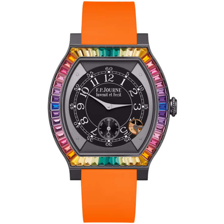 F.P. Journe, Elegante, Black Dial, Gino's Dream, Titanium Titalyt, Rainbow Bezel, Orange Rubber Strap, 48mm