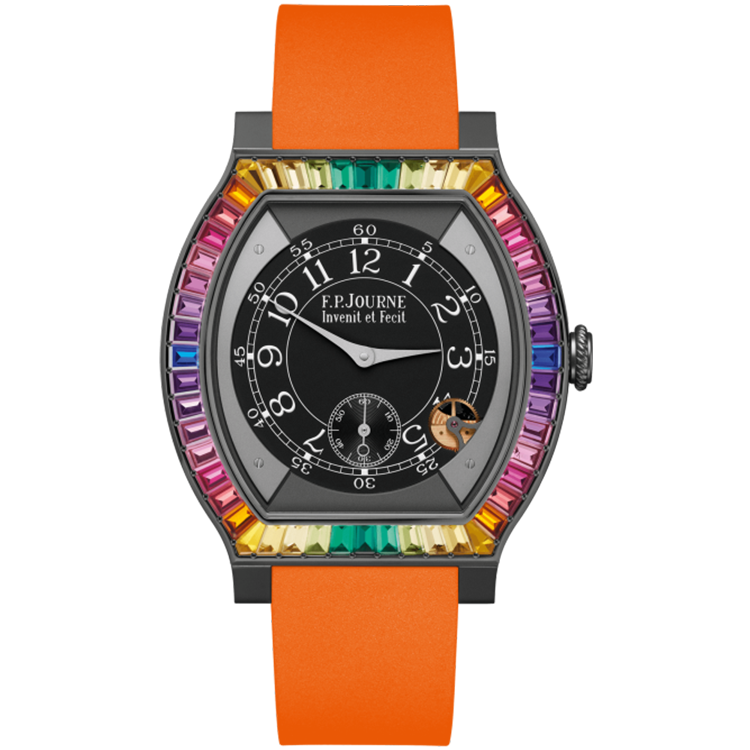 F.P. Journe, Elegante, Black Dial, Gino's Dream, Titanium Titalyt, Rainbow Bezel, Orange Rubber Strap, 48mm