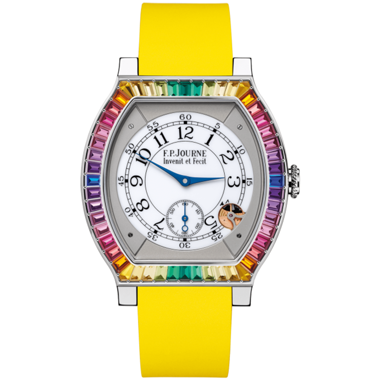 F.P. Journe, Elegante, White Dial, Gino's Dream, Titanium Titalyt, Rainbow Bezel, Yellow Rubber Strap, 48mm