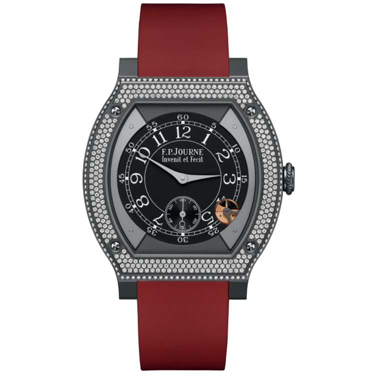 F.P. Journe, Elegante, Black Dial, Titanium Titalyt, Diamond Bezel, Burgundy Rubber Strap, 48mm