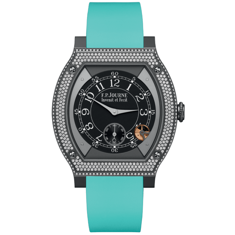 F.P. Journe, Elegante, Black Dial, Titanium Titalyt, Diamond Bezel, Tiffany Blue Rubber Strap, 48mm
