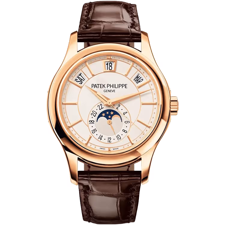 Patek Philippe, Complications, 5205R, White Dial, Annual Calendar, Moon Phase, Rose Gold, Leather Strap, 40mm