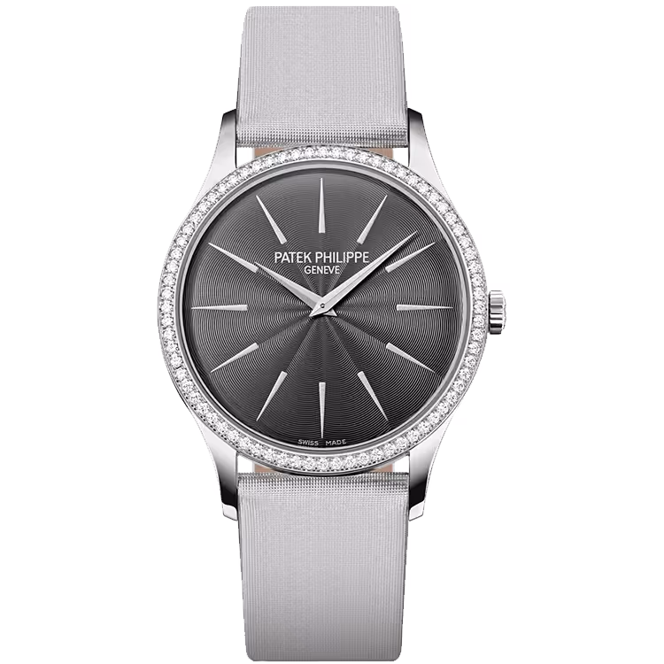 Patek Philippe, Calatrava, 4897G, Grey Dial, White Gold, Diamond Bezel, Fabric Strap, 33mm