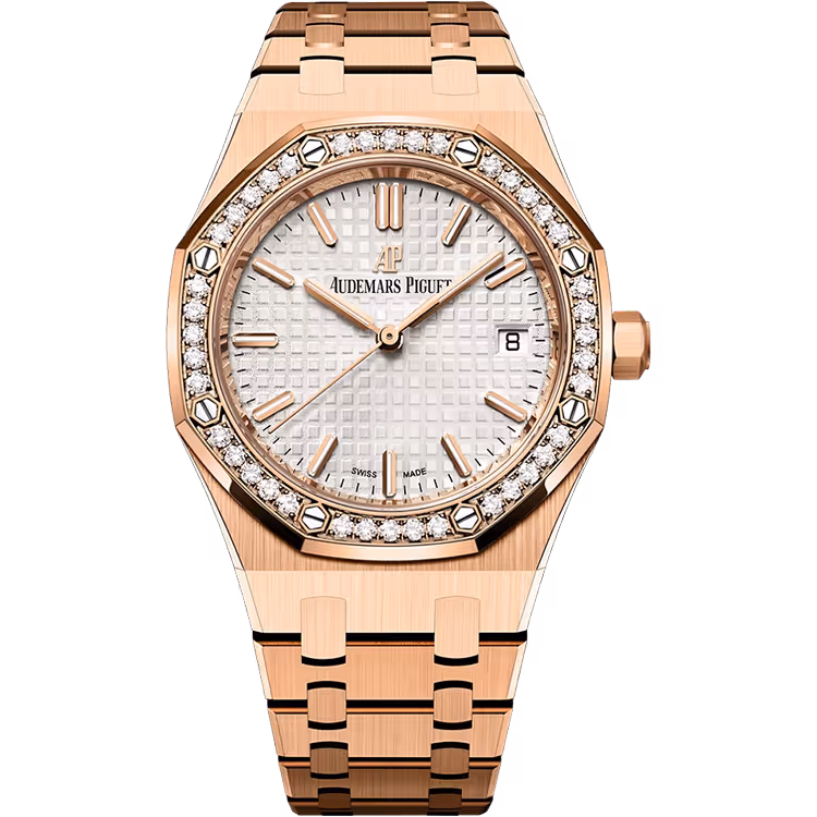 Audemars Piguet, Royal Oak, 77351OR, White Dial, Rose Gold, Diamond Bezel, 34mm