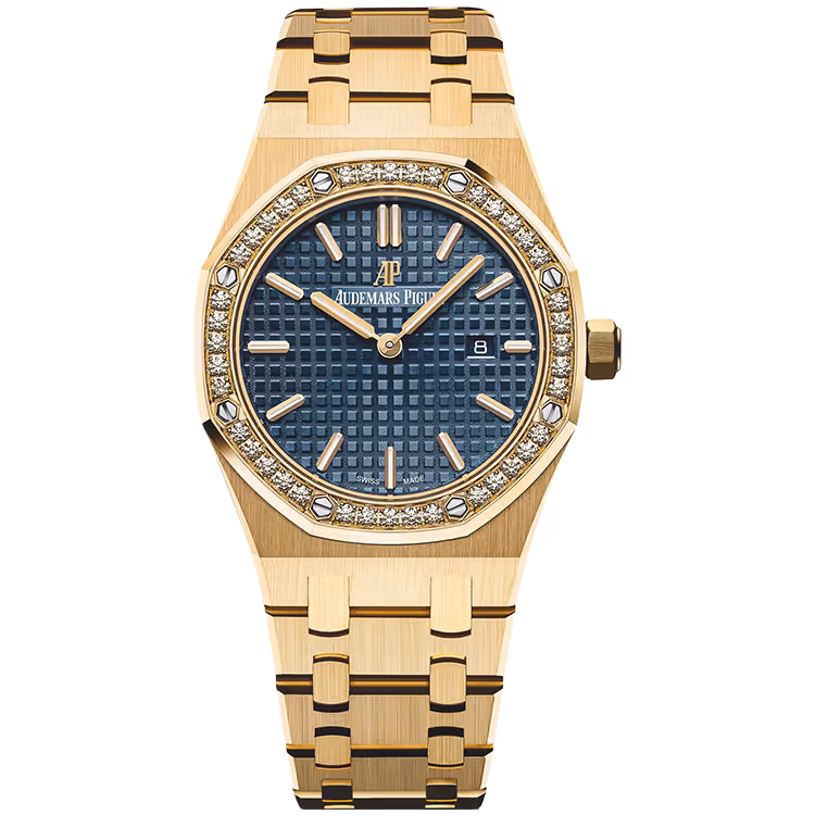 Audemars Piguet, Royal Oak, 67651BA, Blue Dial, Quartz, Yellow Gold, Diamond Bezel, 33mm
