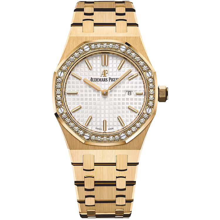 Audemars Piguet, Royal Oak, 67651BA, White Dial, Quartz, Yellow Gold, Diamond Bezel, 33mm