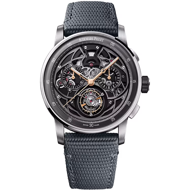 Audemars Piguet, Code 11.59, 26399NB, Skeleton Dial, Tourbillon, Chronograph, White Gold, Rubber Strap, 41mm