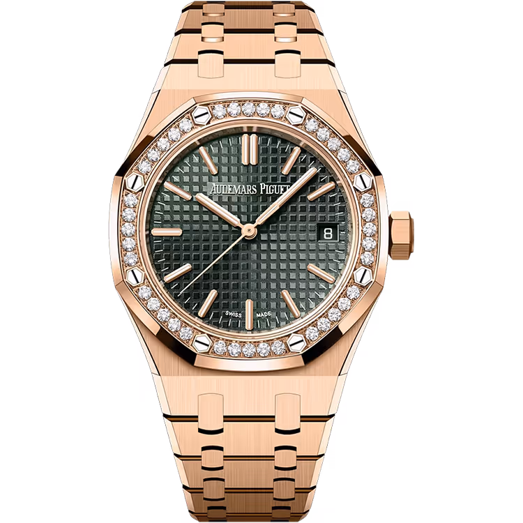 Audemars Piguet, Royal Oak, 15551OR, Green Dial, 50th Anniversary, Rose Gold, Diamond Bezel, 37mm
