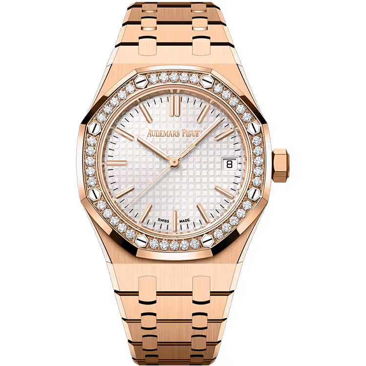 Audemars Piguet, Royal Oak, 15551OR, White Dial, 50th Anniversary, Rose Gold, Diamond Bezel, 37mm