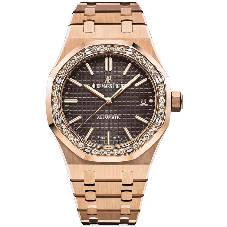 Audemars Piguet, Royal Oak, 15451OR, Chocolate Dial, Rose Gold, Diamond Bezel, 37mm