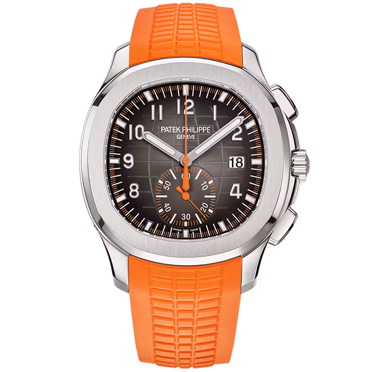 Patek Philippe, Aquanaut, 5968A, Black Dial, Tiffany & Co. Stamp. Flyback Chronograph, Stainless Steel, Orange Rubber Strap, 42mm