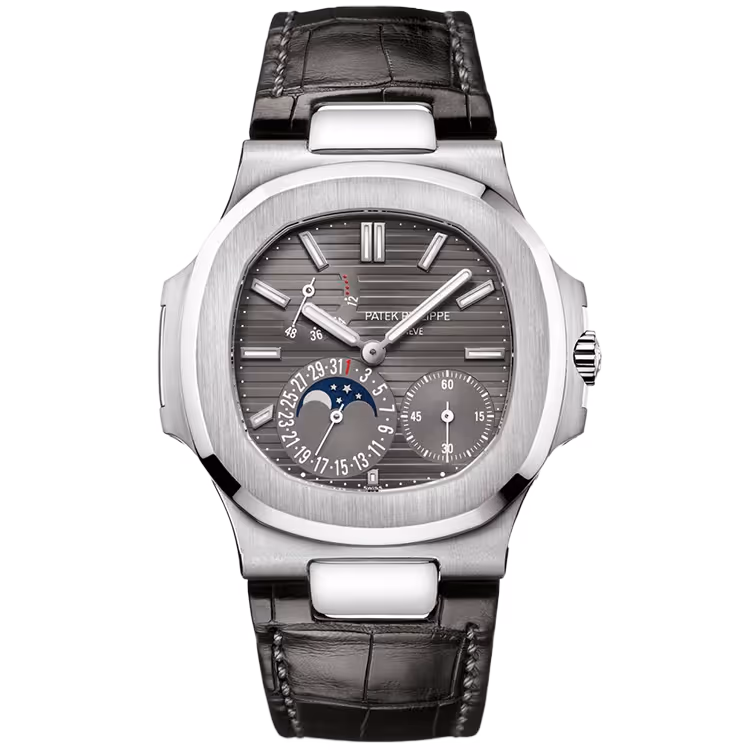 Patek Philippe, Nautilus, 5712G, Grey Dial, Tiffany & Co. Stamp, Moon Phase, White Gold, Leather Strap, 40mm