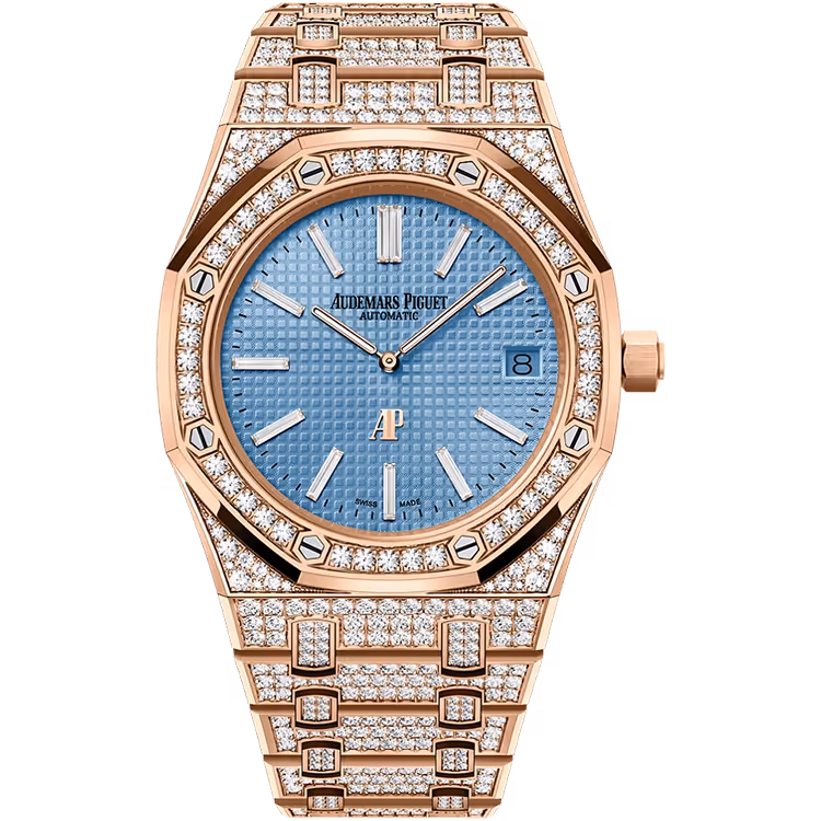 Audemars Piguet, Royal Oak, 15202OR, Blue Dial, Jumbo Extra-Thin, Rose Gold, Diamond Bezel, Diamond Bracelet, 39mm
