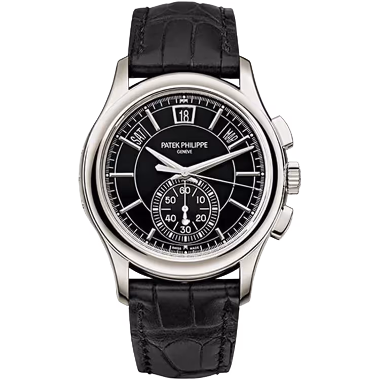 Patek Philippe, Complications, 5905P, Black Dial, Annual Calendar, Flyback Chronograph, Platinum, Leather Strap, 42mm