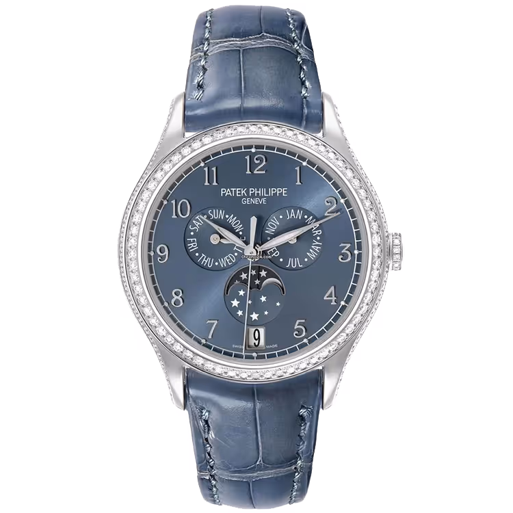 Patek Philippe, Complications, 4947G, Blue Dial, Annual Calendar, Moon Phase, White Gold, Diamond Bezel, Blue Leather Strap, 38mm