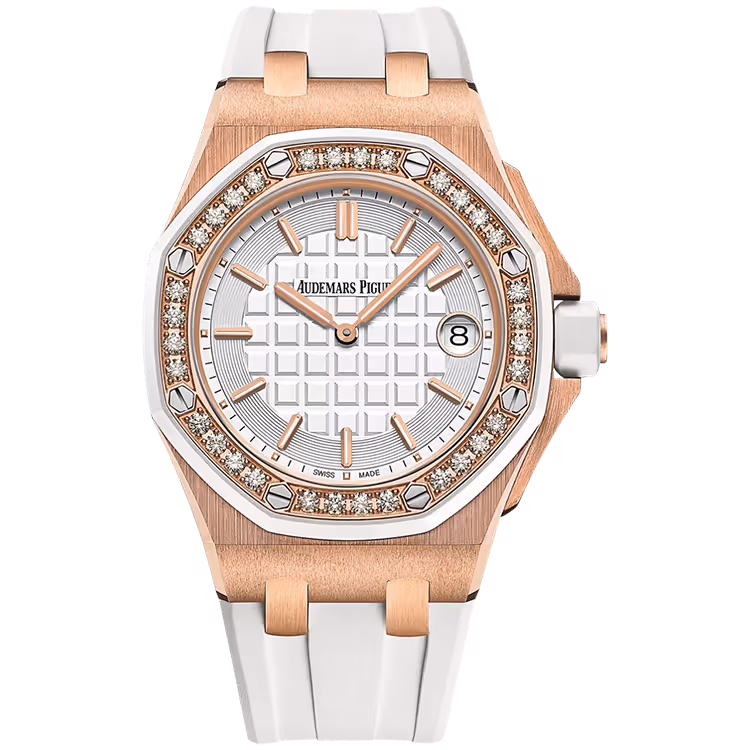 Audemars Piguet, Royal Oak Offshore, 67540OK, White Dial, Chronograph, Rose Gold, Diamond Bezel, Rubber Strap, 37mm