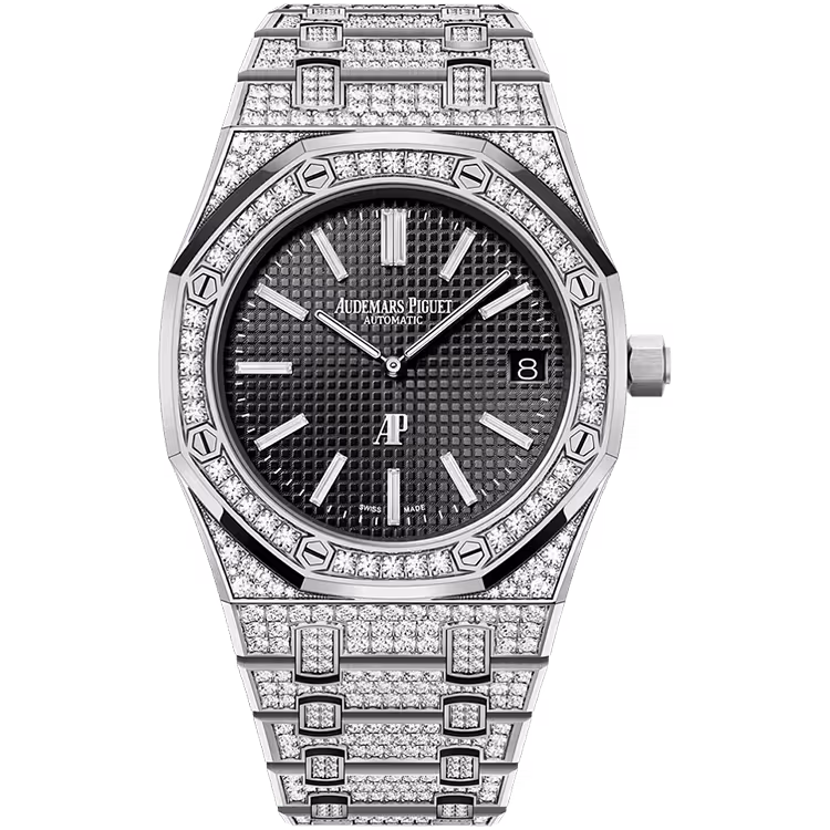 Audemars Piguet, Royal Oak, 15202BC, Black Dial, Jumbo Extra-Thin, White Gold, Diamond Bezel, Diamond Bracelet, 39mm