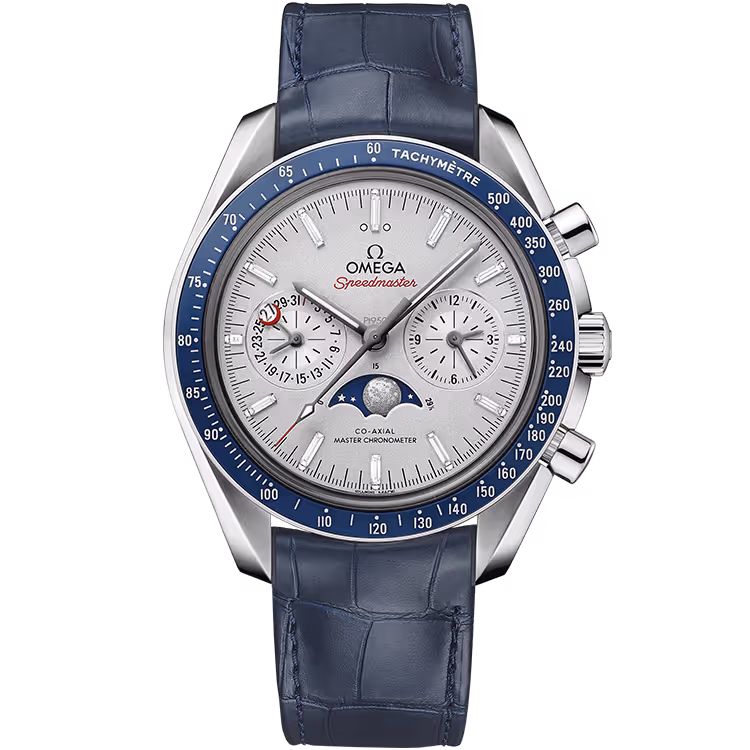 Omega, Moonwatch, 304, Silver Diamond Dial, Chronograph, Moon Phase, Platinum, Leather Strap, 44mm