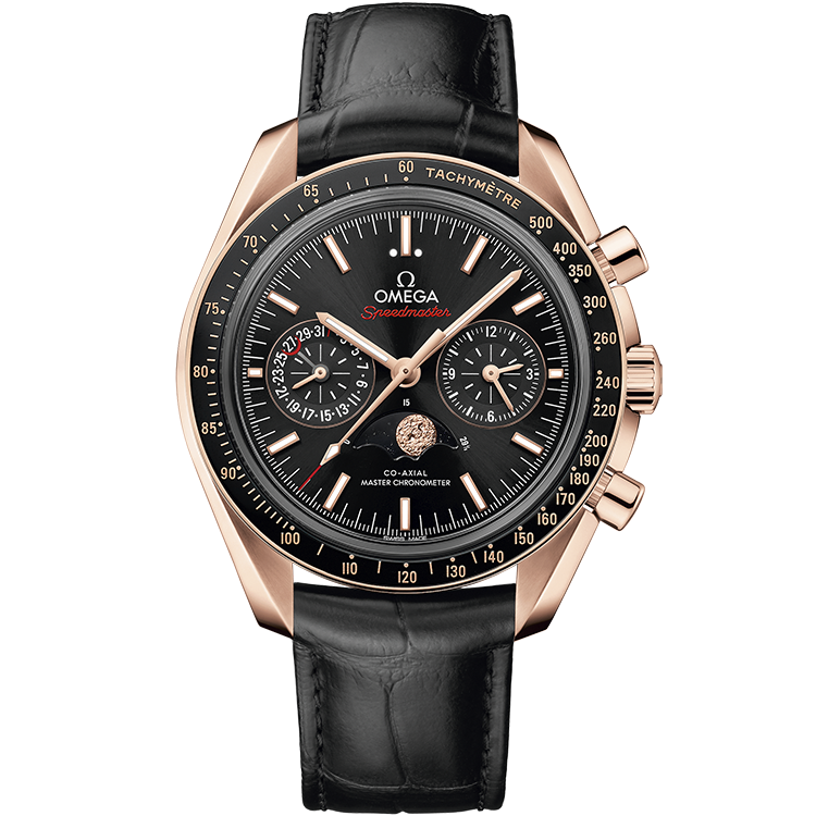 Omega, Moonwatch, 304, Black Dial, Chronograph, Moon Phase, Rose Gold, Leather Strap, 44mm