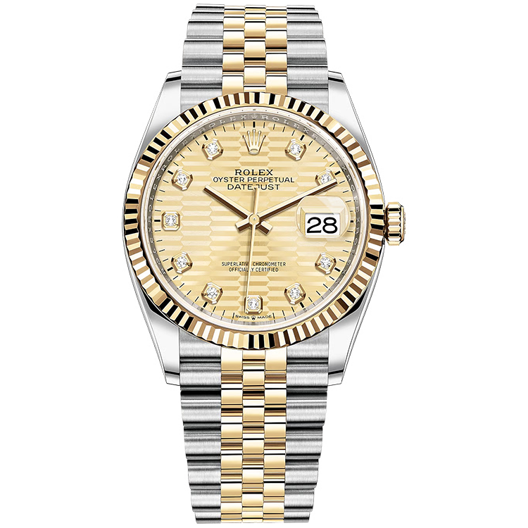 Rolex, Datejust 36, 126233, Champagne Diamond Motif Dial, Steel & Yellow Gold, Fluted Bezel, Jubilee Bracelet, 36mm