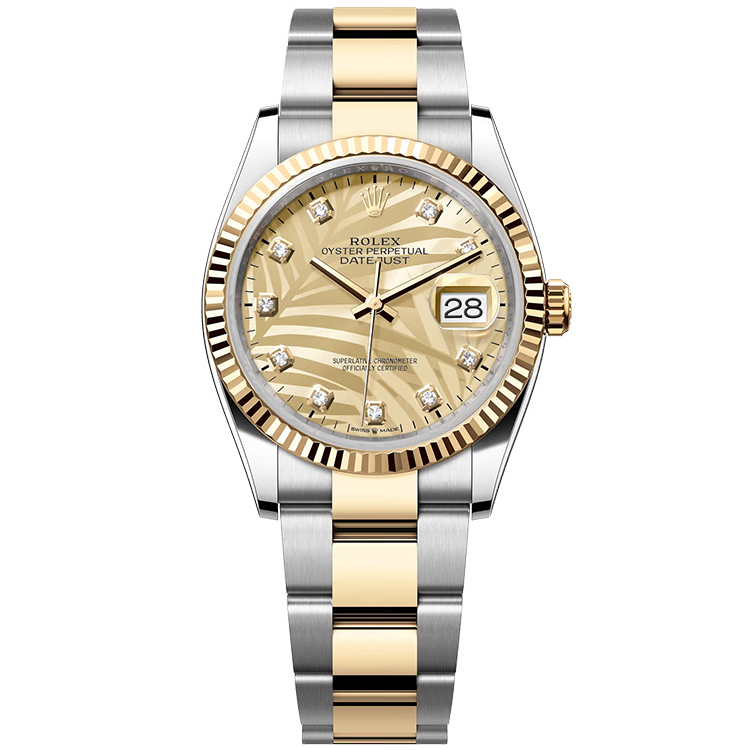 Rolex, Datejust 36, 126233, Champagne Diamond Palm Motif Dial, Steel & Yellow Gold, Fluted Bezel, Oyster Bracelet, 36mm