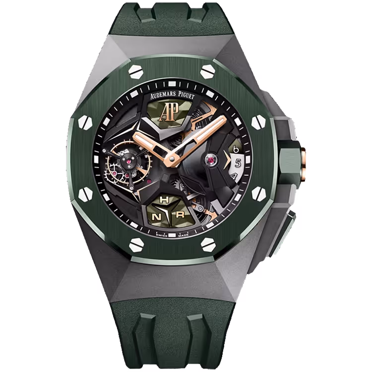 Audemars Piguet, Royal Oak Concept, 26589IO, Skeleton Dial, Flying Tourbillon GMT, Titanium, Green Rubber Strap, 44mm 