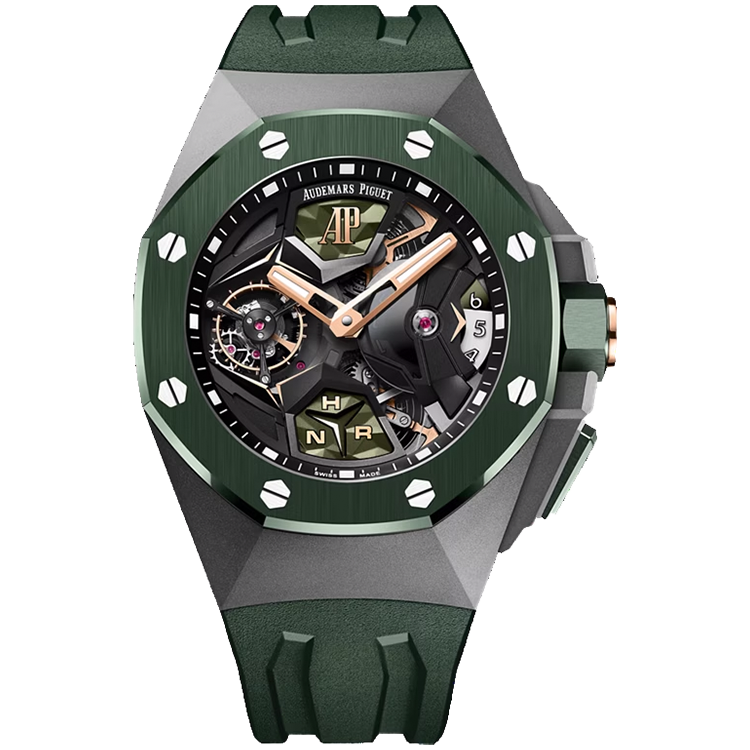 Audemars Piguet, Royal Oak Concept, 26589IO, Skeleton Dial, Flying Tourbillon GMT, Titanium, Green Rubber Strap, 44mm