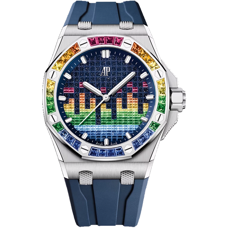 Audemars Piguet, Royal Oak Offshore, 15601BC, Blue Dial, Music Edition, White Gold, Rainbow Bezel, Rubber Strap, 43mm