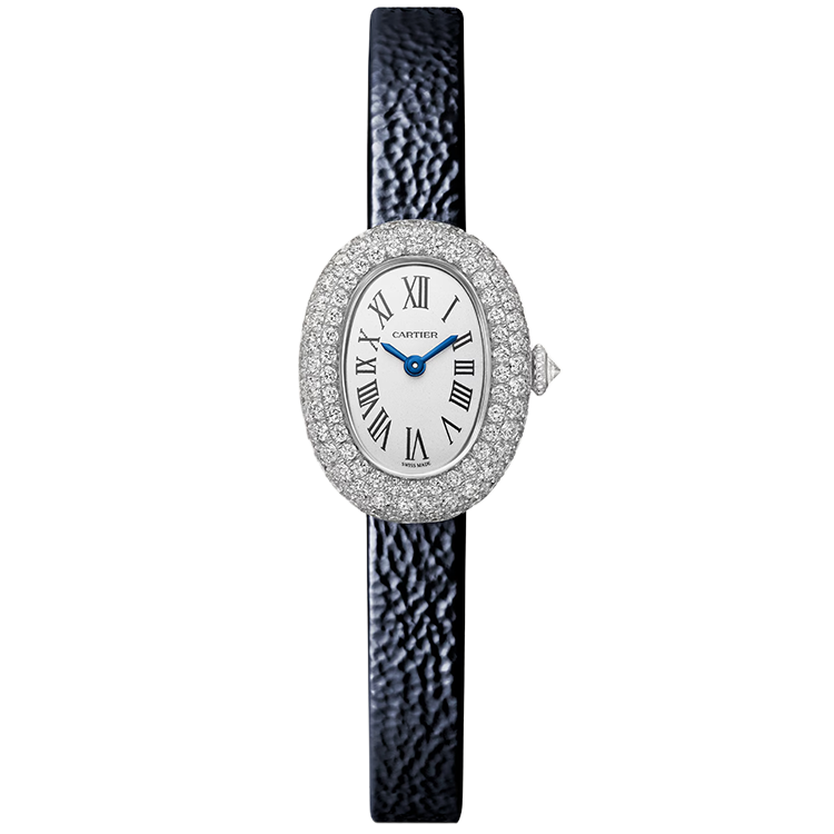 Cartier, Baignoire, WJBA0070, White Dial, Mini Model, White Gold, Diamond Bezel, Leather Bracelet, 25mm