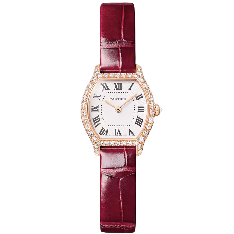 Cartier, Tortue, WJTO0011, White Dial, Mini Model, Rose Gold, Diamond Bezel, Leather Bracelet, 26mm