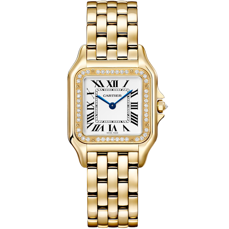Cartier, Panthere, WJPN0085, Silver Dial, Medium Model, Yellow Gold, Diamond Bezel, 27mm