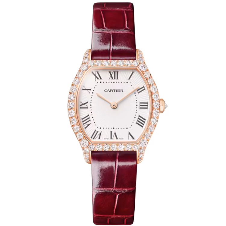 Cartier, Tortue, WJTO0012, White Dial, Small Model, Rose Gold, Diamond Bezel, Leather Bracelet, 33mm
