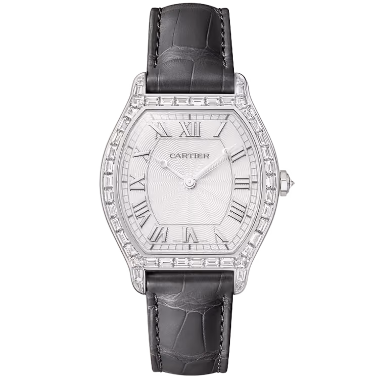 Cartier, Tortue, HPI01830, Silver Dial, Large Model, Platinum, Diamond Bezel, Leather Bracelet, 41mm
