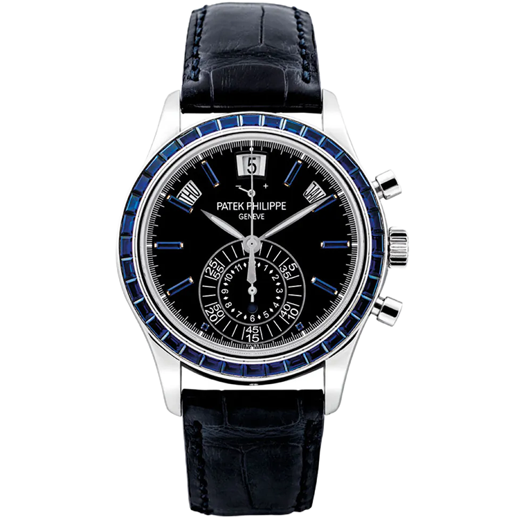 Patek Philippe, Complications, 5961/11P, Black Sapphire Dial, Annual Calendar, Flyback Chronograph, Platinum, Blue Sapphire Bezel, Leather Strap, 40.5mm