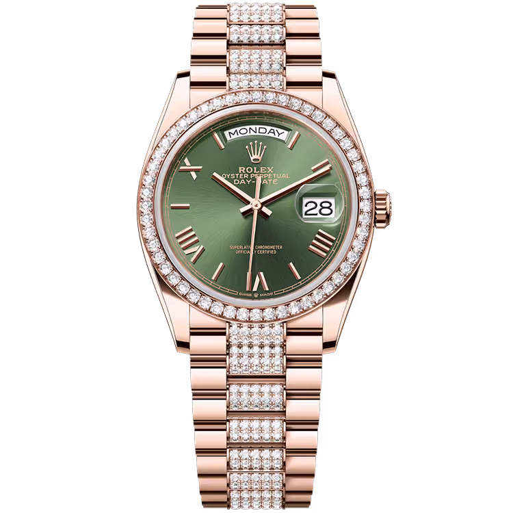 Rolex, Day-Date 36, 128345RBR, Olive Roman Dial, Rose Gold, Diamond Bezel, Link Diamond Presidential Bracelet, 36mm