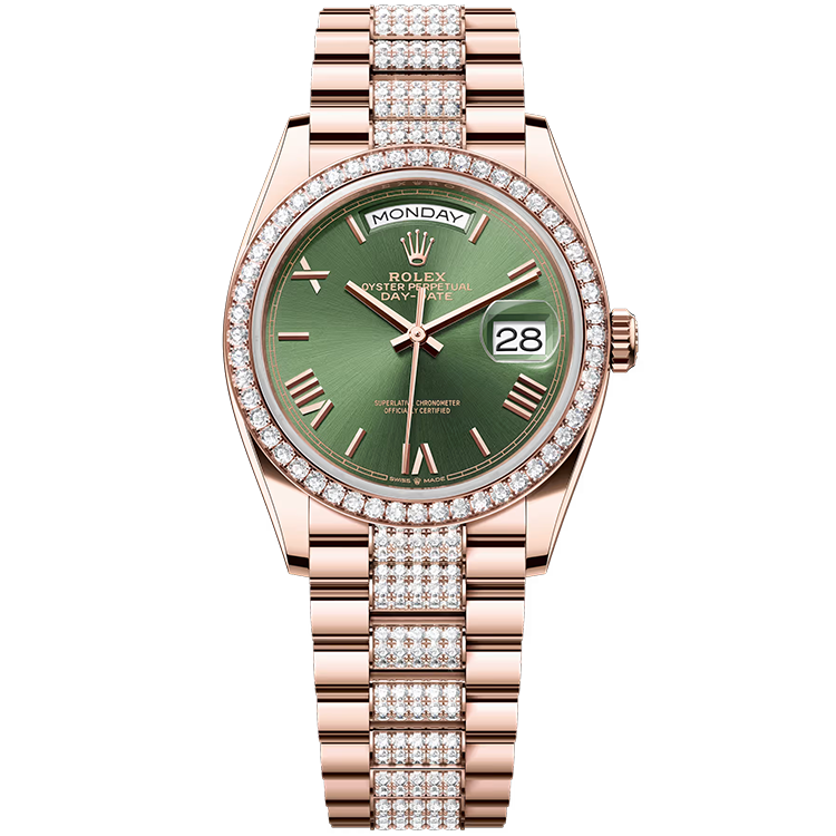 Rolex, Day-Date 36, 128345RBR, Olive Roman Dial, Rose Gold, Diamond Bezel, Link Diamond Presidential Bracelet, 36mm