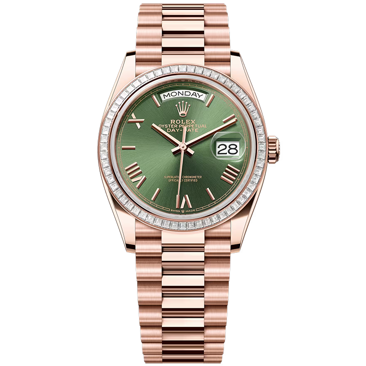Rolex, Day-Date 36, 128395TBR, Olive 3Diamond Dial, Rose Gold, Diamond Bezel, Presidential Bracelet, 36mm