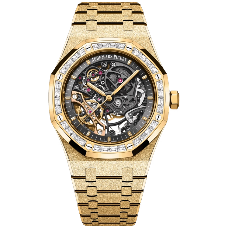 Audemars Piguet, Royal Oak, 15412BA, Skeleton Dial, Double Balance Wheel, Frosted Yellow Gold, Diamond Baguette Bezel, 41mm